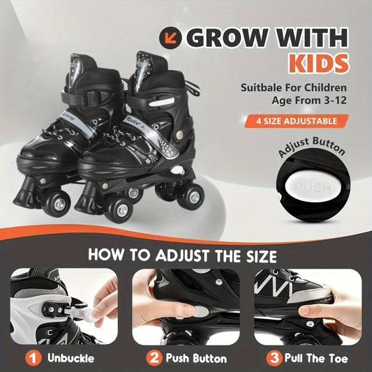 Stylish double roller skates for boys and girls with brake design, suitable for indoor and outdoor use in all seasons.