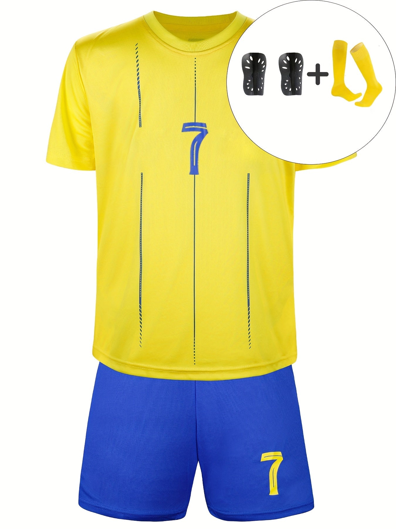 Football kit set comes with 4 pieces including jersey, shorts, socks, and protective gear.