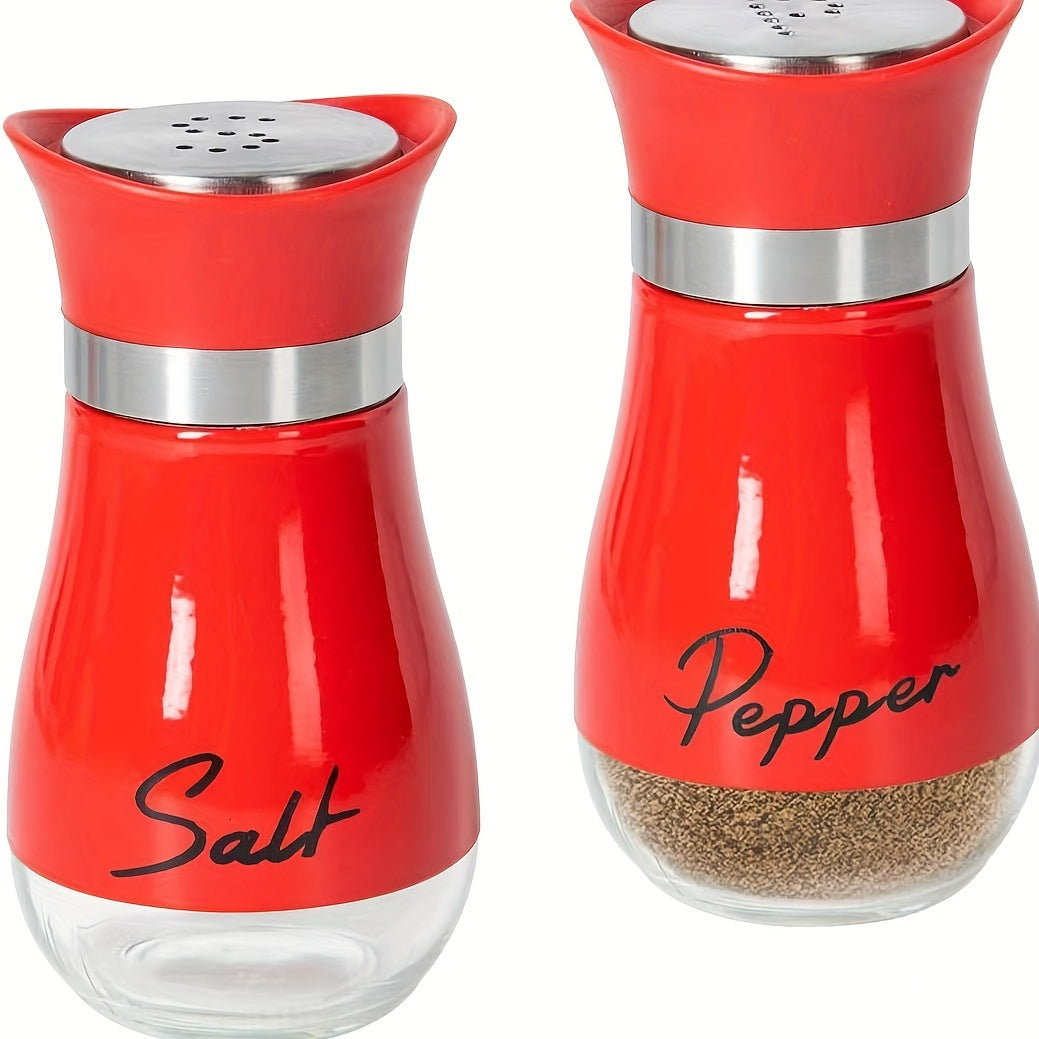 One set of 4 oz glass salt and pepper jars with stainless steel lids, perfect for kitchen, RV, camping, BBQ. Refillable design. Two jars in a set.