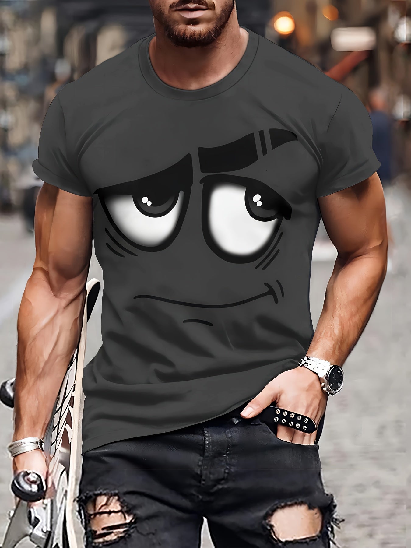 Men's machine washable novelty graphic tee with 3D design and crew neck.