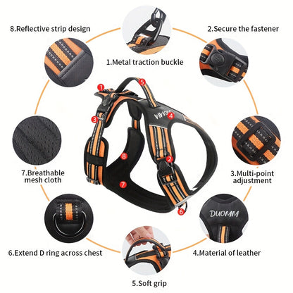 Polyester adjustable dog harness, hand-washable, with reflective material, easy-grip handle, and D-ring. Suitable for large breeds and outdoor walks.