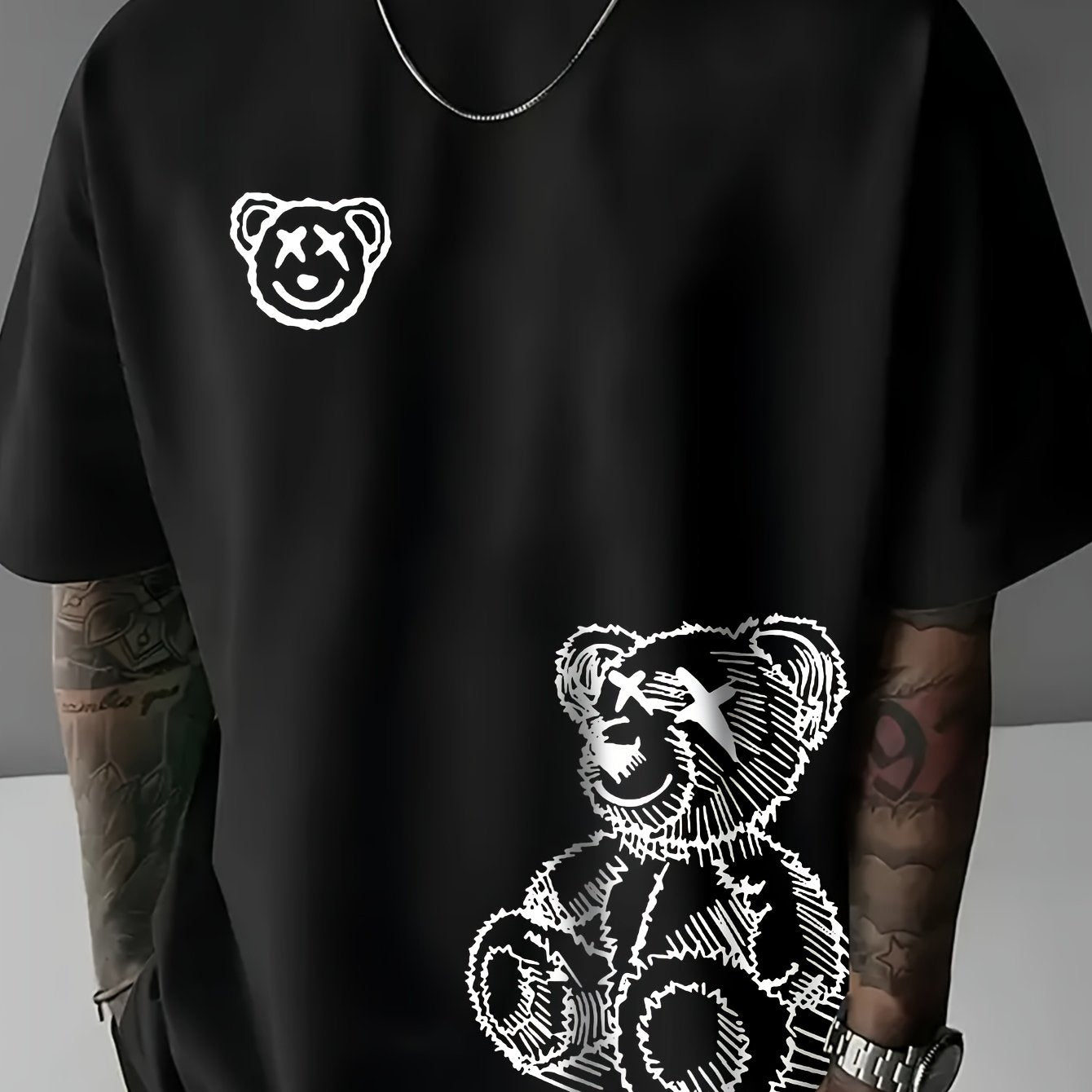 Men's Casual Bear Graphic Tee - Soft Polyester, Crew Neck, Short Sleeve, Summer Fashion