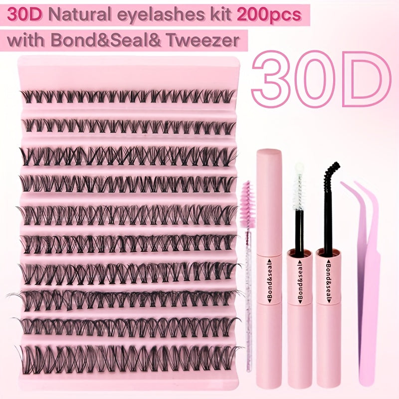 Luxurious DIY eyelash extension kit with 30P, 40P, and 80P lashes, featuring ultra-fine 0.07mm lash clusters in C and D curls (8-16mm). Suitable for beginners with lightweight 3D Russian