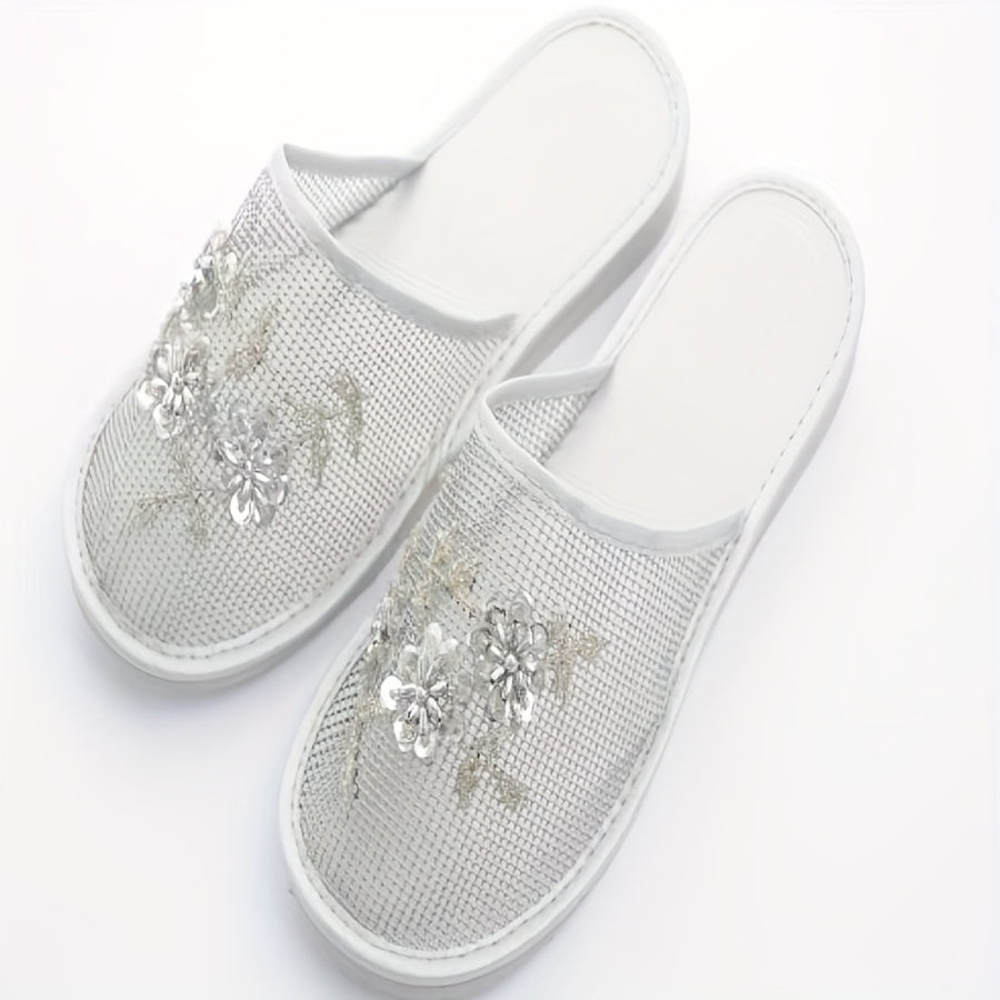 Women's Fashion Beaded Floral Slides - Lightweight Summer Indoor Shoes with Breathable Mesh, Almond Toe & EVA Sole