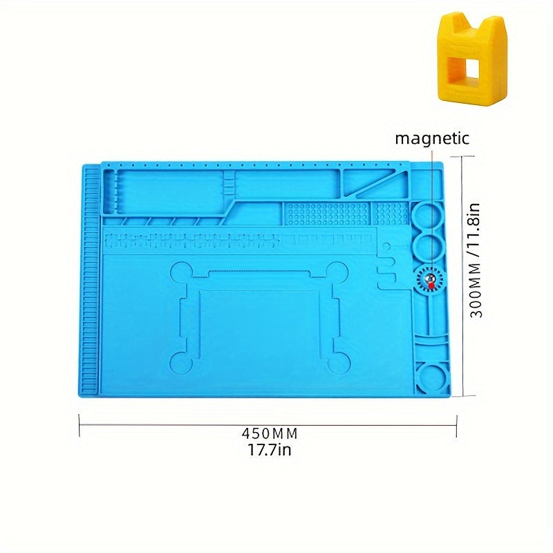 Silicone repair mat with magnetic tools for mobile phone and computer repair. Great for high-temperature heat gun welding. Ideal for digital repair workstations.