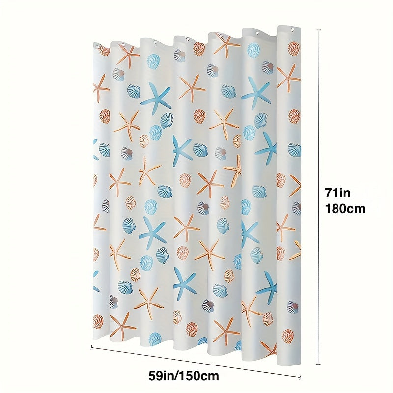 Durable plastic shower curtain liner with starfish shells design, waterproof, transparent, 180.34cm W x 180.34cm H, perfect for ocean-themed bathrooms.