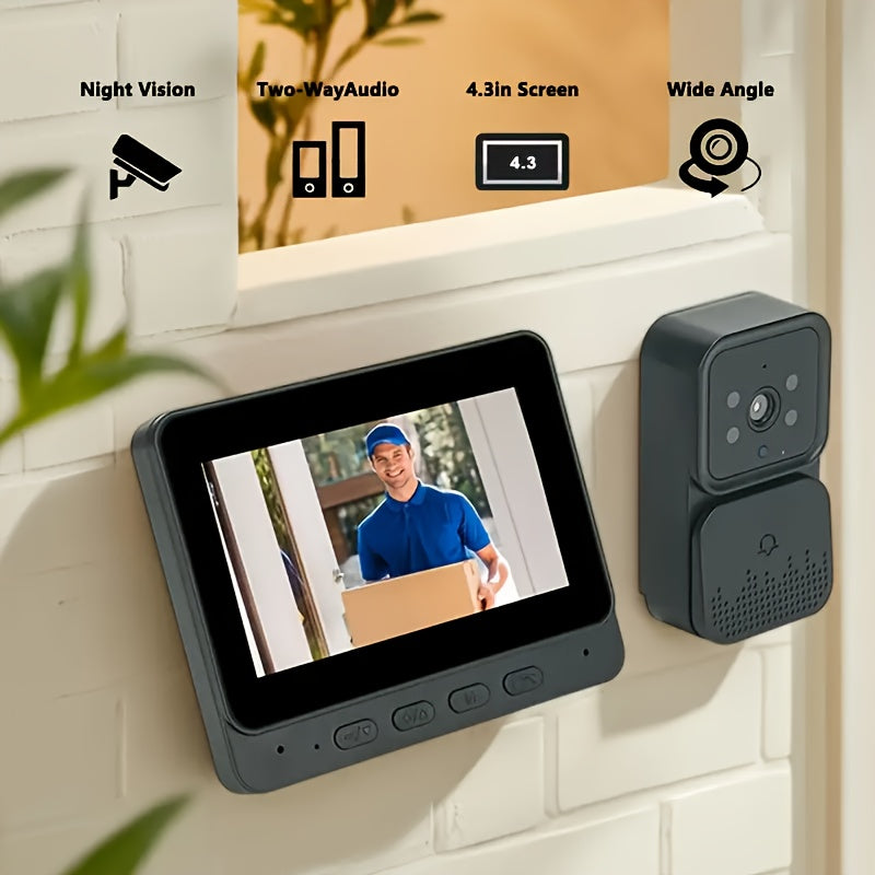 1pc Video doorbell with intercom, 10.92cm screen, infrared night vision, two-way speaking, long-lasting battery, easy connection without the need for an app.