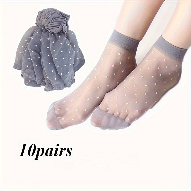 10 pairs of transparent, thin socks with skin color dot design, ideal for summer and short ankle styles.