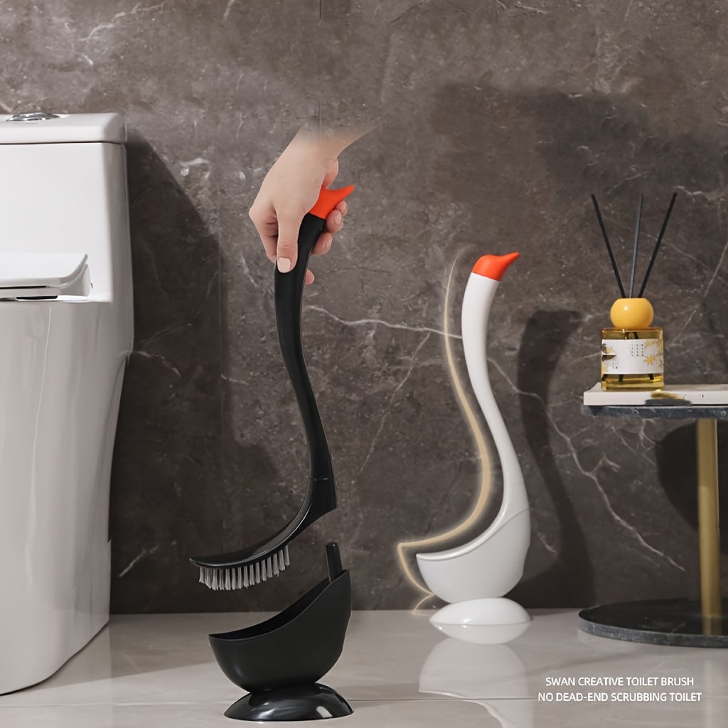 Swan-shaped toilet brush and holder made of durable plastic, freestanding with efficient cleaning design for stylish bathrooms.