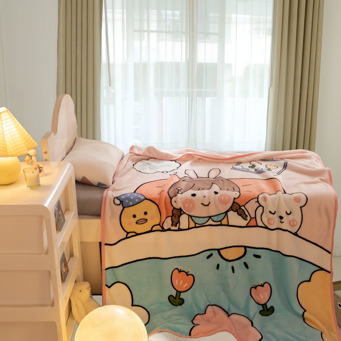 Soft and cuddly cartoon animal plush blanket for young children, great for naps and snuggles. Suitable for kids aged 0-3 years, perfect for strollers and beds. Made of cozy flannel material.