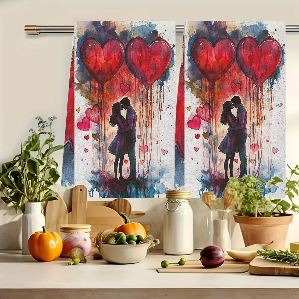 Valentine's Day Kitchen Towels Set of 2, Modern Coastal Design, Highly Absorbent Polyester Knit Fabric, Easy to Clean in Washing Machine, 40.64x60.96 cm, Lovely Hand Towels for Holiday Decor - SKU: 2KYSYS1217552, Dish Cloths