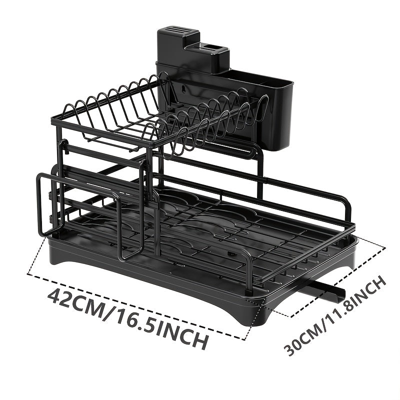 Modern Metal Kitchen Dish Drying Rack featuring Utensil Holder and Drainboard - Versatile Countertop Storage Organizer for Dishes, Knives, and Flatware - No Electricity Needed