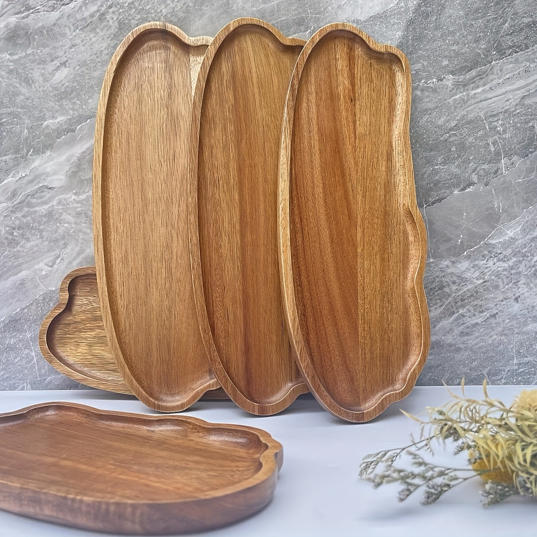 Acacia wood serving tray with smooth polished surface, irregular shape. Ideal for cheese, bread, fruits, and vegetables. Perfect for kitchen, restaurant, café, weddings, and holiday decor. Unique shape and wooden texture.