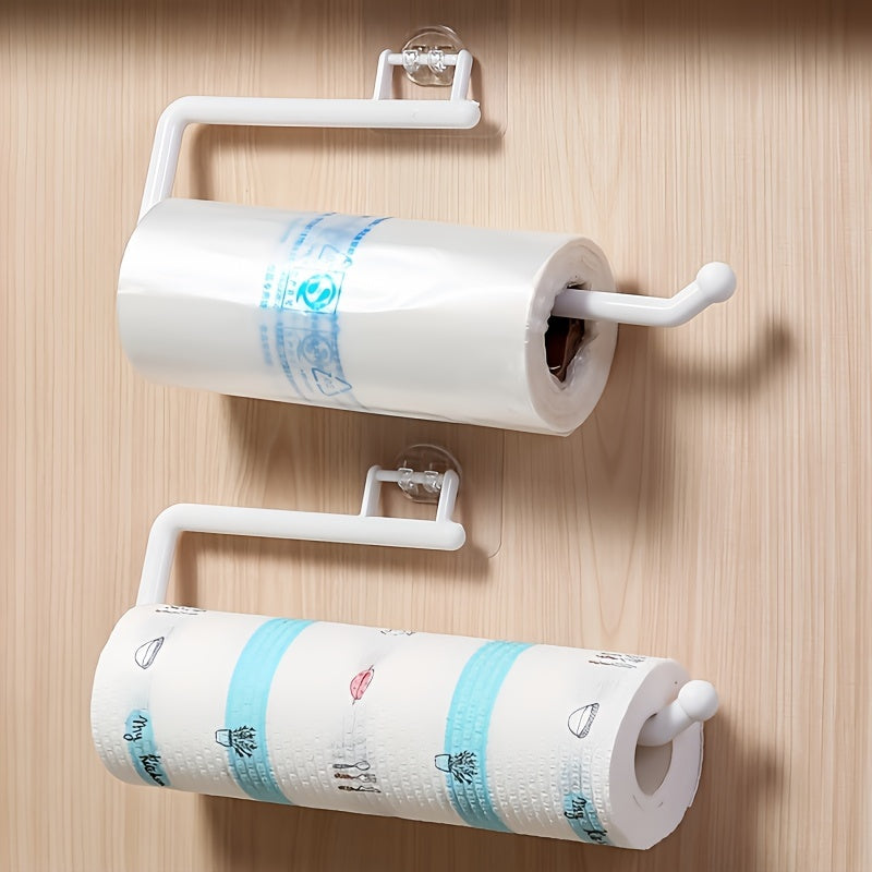 Wall mount kitchen paper towel holder made of plastic - also serves as a dispenser for toilet rolls, storage rack for cling film, and organizer for rags. This space-saving bathroom accessory is versatile and practical.