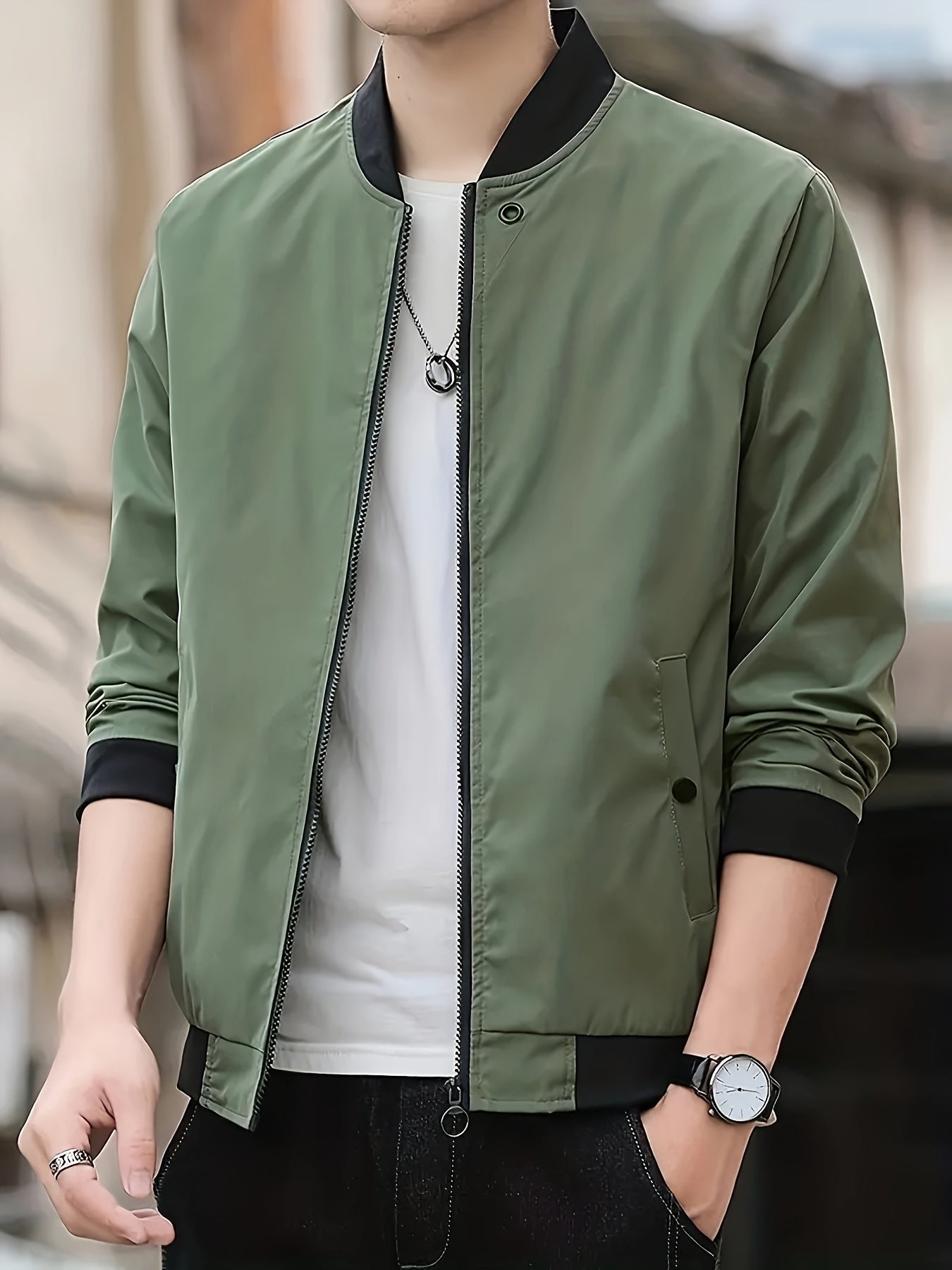 Men's bomber jacket with stand collar, solid color, non-stretch woven acetate, polyester lined, zip-up, lightweight outerwear for spring/fall.