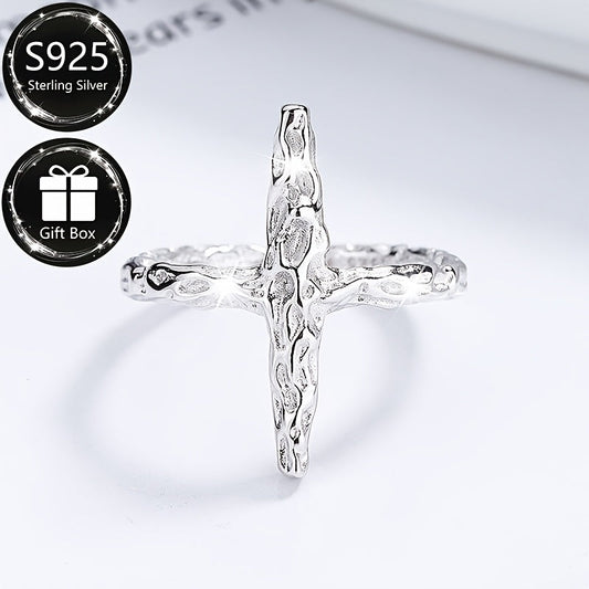 925 Sterling Silver Adjustable Open Cross Ring, featuring an Elegant and Simple design with Textured Folding Pattern. Perfect for both daily wear and special occasions. Suitable for both men and women.