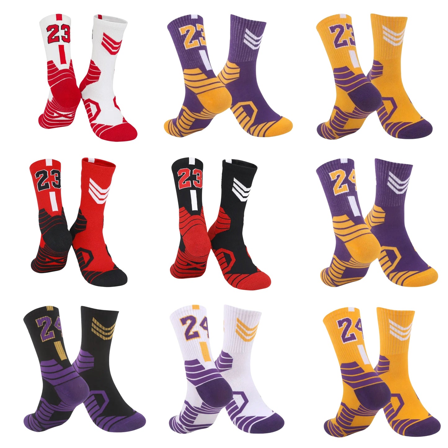 9 pairs of men's trendy basketball socks with 23 & 24 number print, providing comfort, breathability, and shock absorption for outdoor activities.