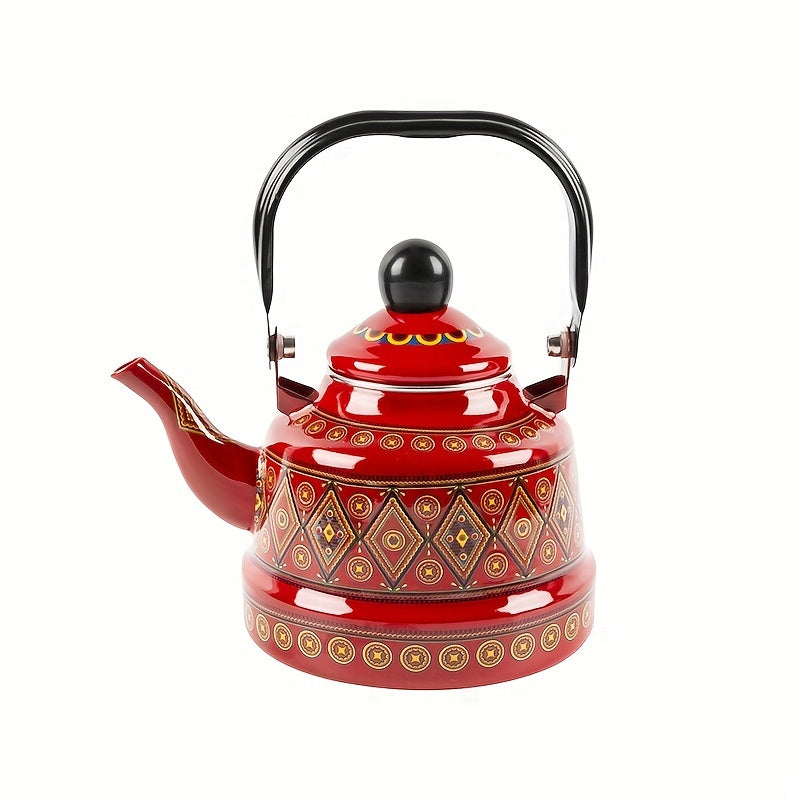 Enamel Hot Water Kettle with Geometric Print and Memory Flower Design, 1.1L capacity, suitable for household use. Features Ancient Clock and Target design. Versatile kettle suitable for brewing tea, coffee, or other beverages. Combines Middle Eastern and