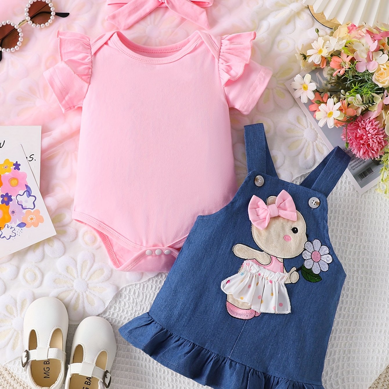 Adorable baby girl dress set with bear and sunflower pattern, perfect for newborns. Includes regular bodysuit and skirt, ideal for outdoor wear.