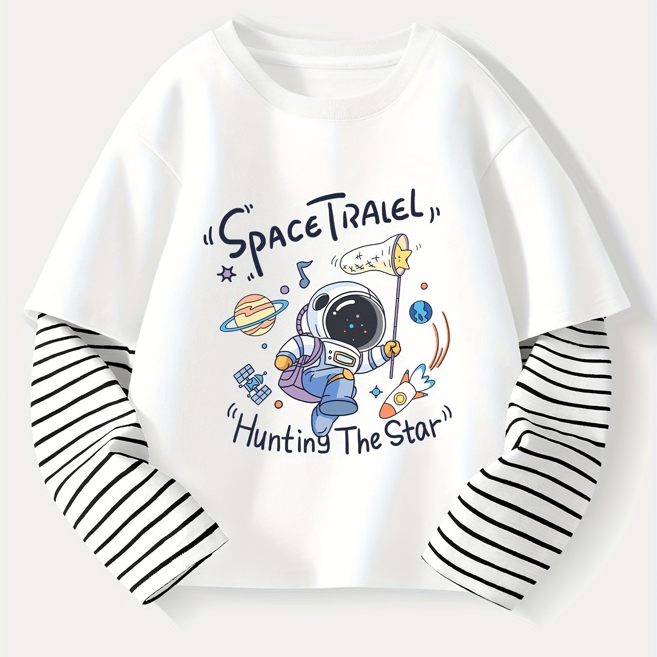 MIANZHI Boy's Striped Long Sleeve Tops with Astronaut Cartoon Print in cozy Pure Cotton.