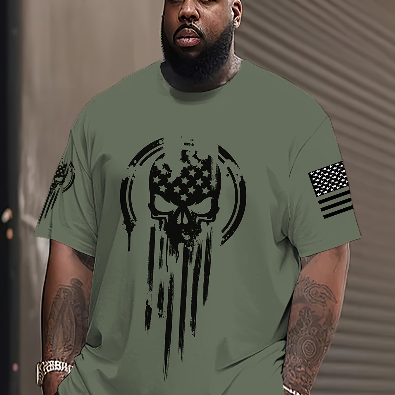 1pc Men's American Warrior Skull Military Print T-Shirt with crew neck, polyester knit fabric and slight stretch for summer wear, in regular fit and plus size.