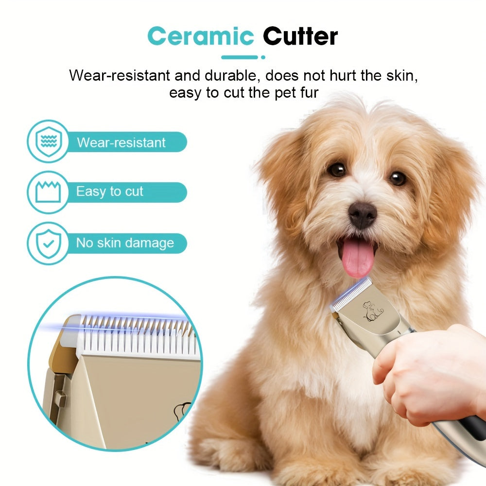 Electric pet hair trimmer with removable blade and rechargeable battery.