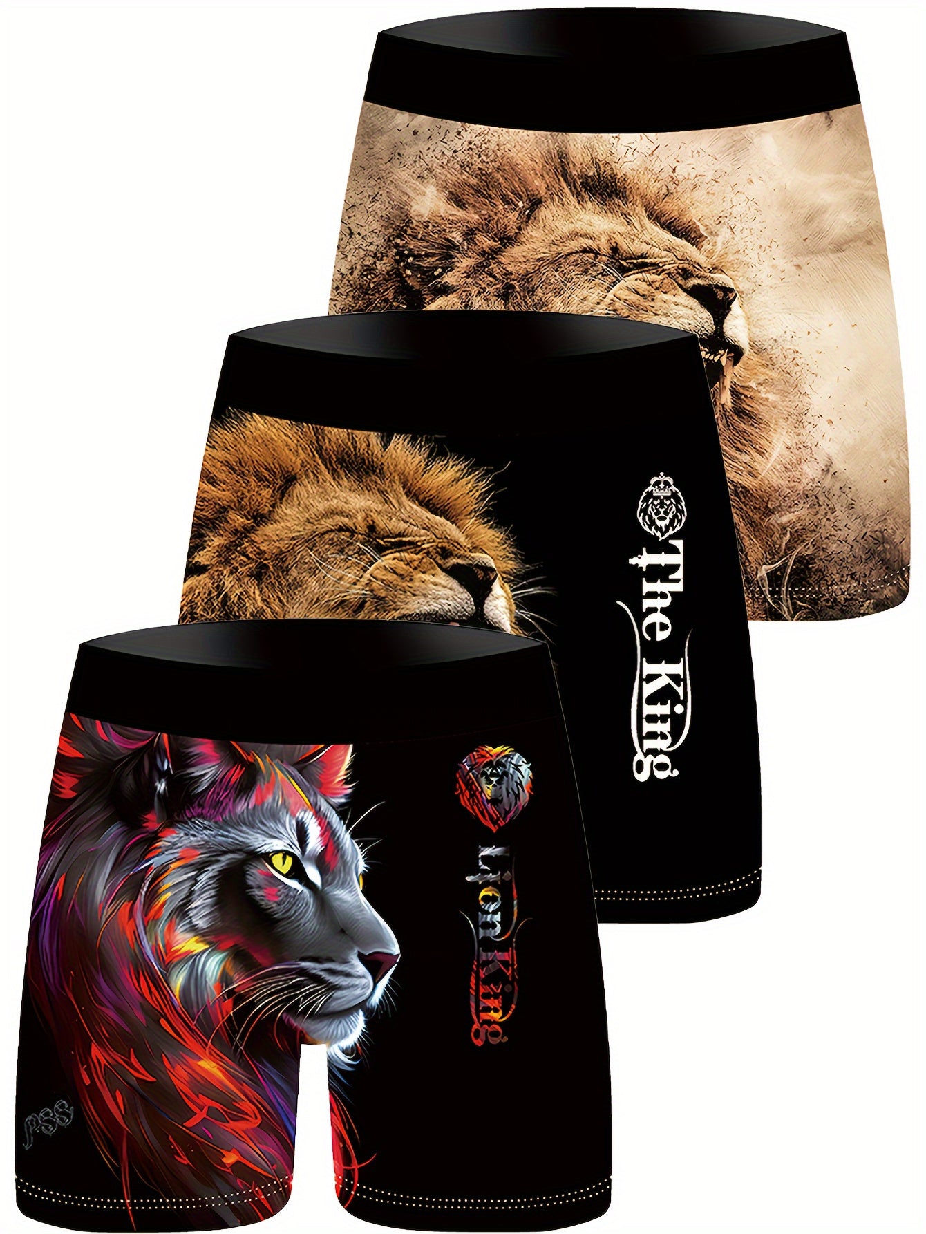 3 Men's Golden Lion Digital Print Boxer Briefs in Stretchy, Breathable Polyester with Elastic Waistband & Vivid Designs for Everyday Comfort