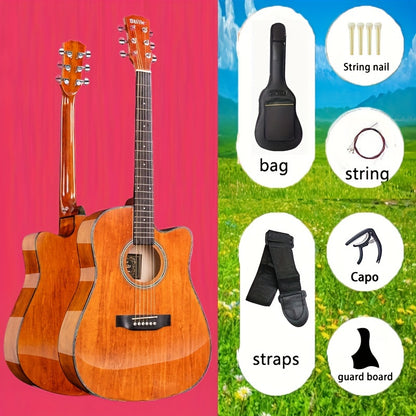 DLASO Beginner Acoustic Guitar 101.6cm with Rosewood Fingerboard, Spruce Top, Maple Neck, and Basswood Back & Sides. Includes bag, straps, pick, connecting line, and tuner.