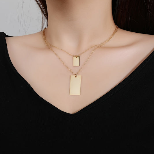 Stylish Double-Layer Chain Necklace with Smooth Rectangular Pendant, Gothic/Hip-Hop Style, 18K Gold-Plated Copper, Suitable for Daily Wear and Music Festivals, Long Pendant, Fashionable Accessory