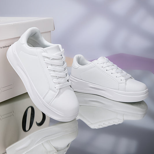 Classic White Sneakers for Women with Waterproof and Height-Boosting Thick Sole, Low-Top Lace-Up design.