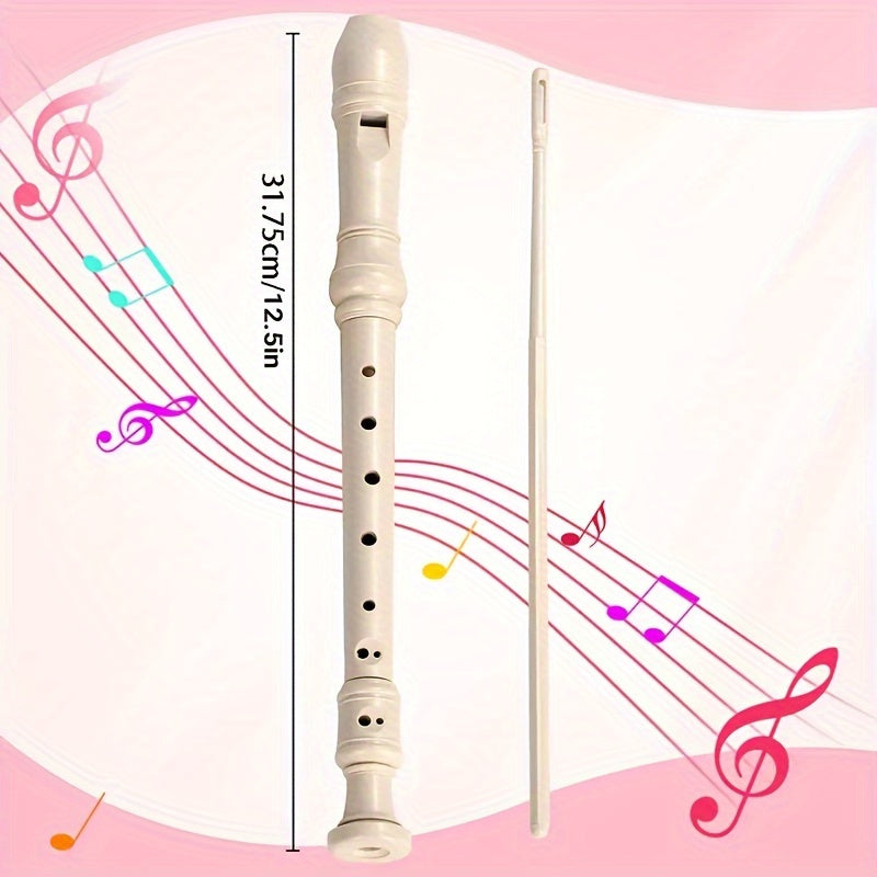 Beginner German high-pitched professional grade white plastic 8-hole flute for student practice, includes cleaning stick.