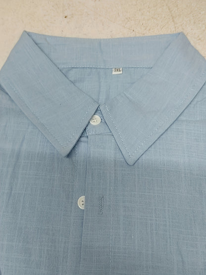 Men's cotton-linen blend shirt with lapel collar, pockets, and single breasted placket. Woven non-stretch fabric perfect for spring/fall.