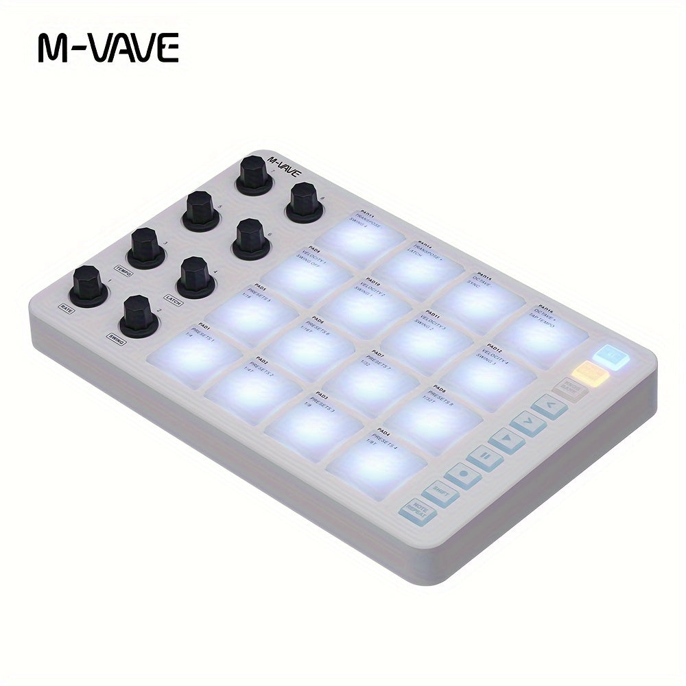 Portable MIDI controller with USB charging, 2000mAh battery, wireless capabilities, ≤36V voltage, and USB-C interface, ideal for percussion keyboard use.