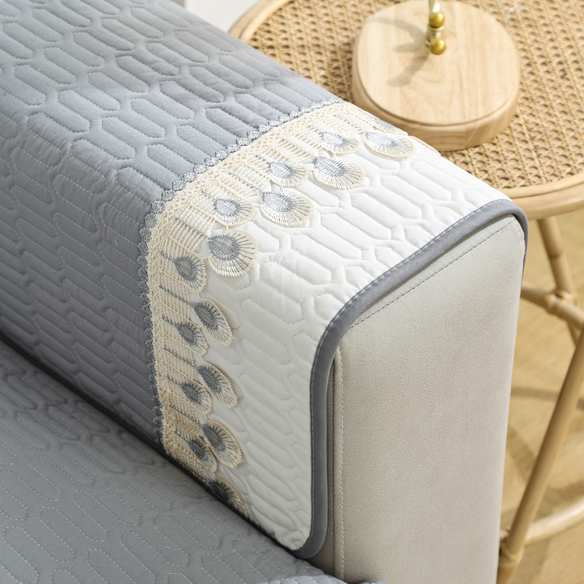 Enhance your sofa with a chic 27*27 feather lace decorative quilted cover for the back and armrest.