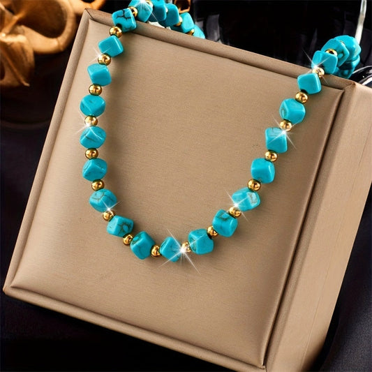 Elegant Vintage Turquoise Beaded Choker Necklace for Women, 18K Gold Plated Stainless Steel, Fashionable and Versatile Jewelry for Everyday and Special Occasions