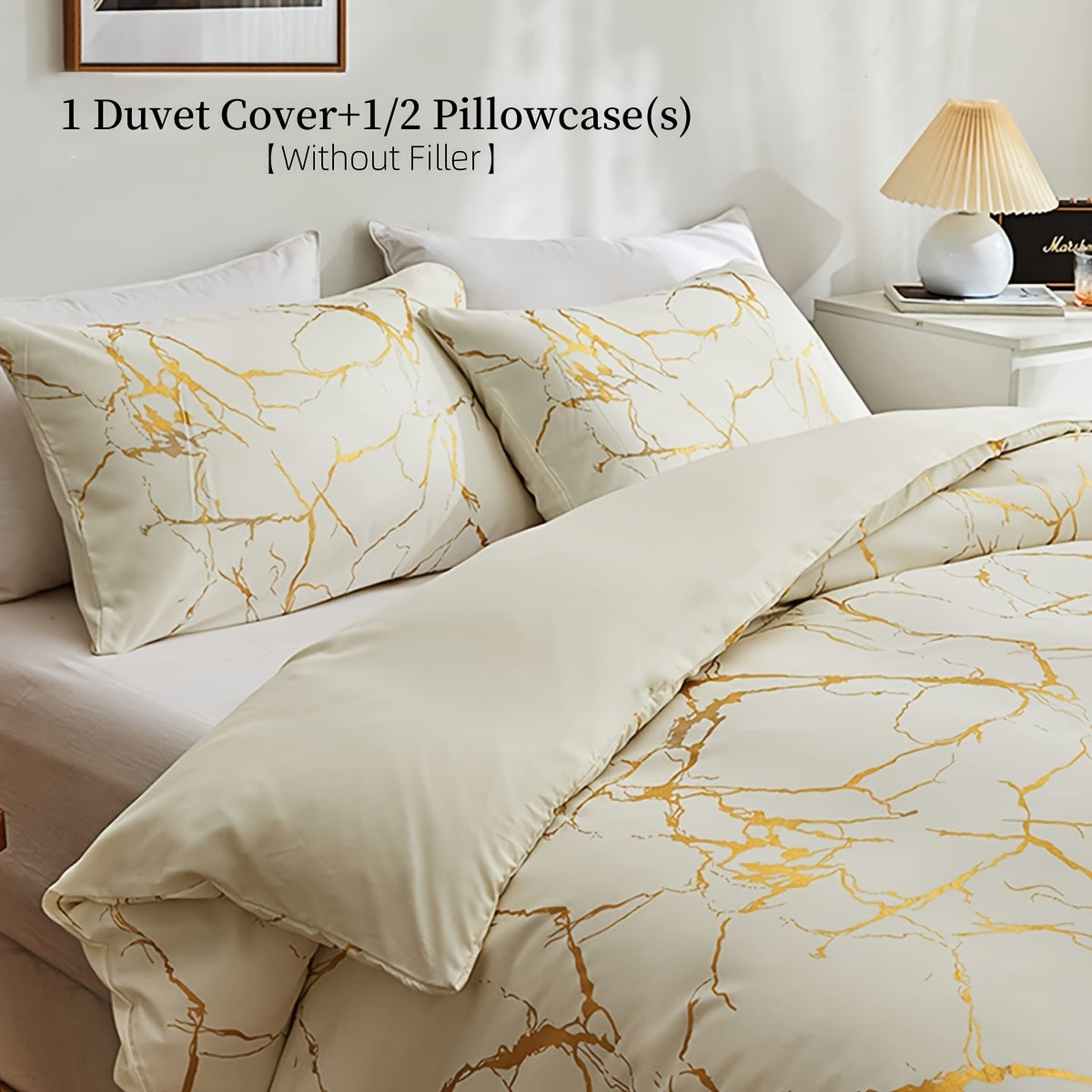 2/3pcs Flocked White Marble Pattern Quilt Cover with Glitter Golden Foil Print Bedding Set, Soft Super Fine Bedding Quilt Cover with 1 Quilt Cover and 1/2 Pillowcase. No filling included.