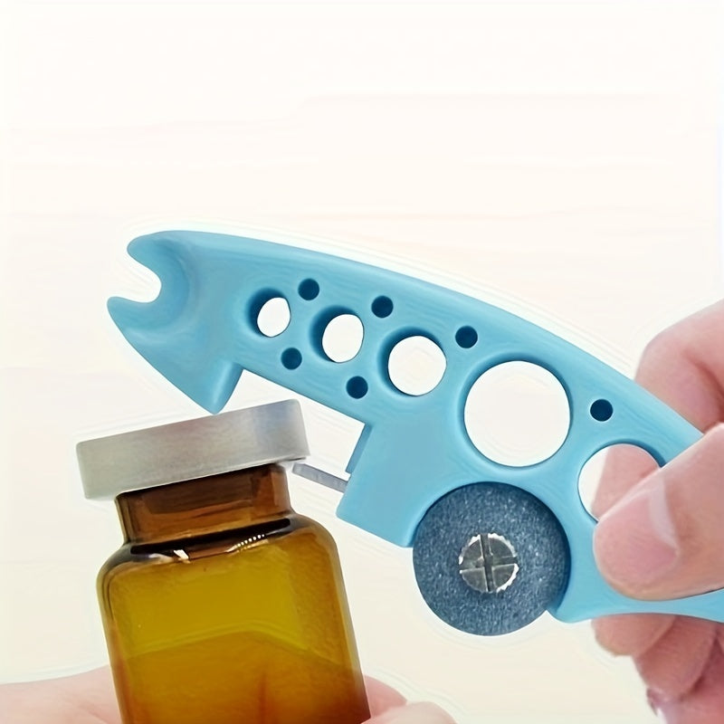 Multi-functional ampoule and glass bottle opener with replaceable grinding wheel. Handheld plastic cutter in blue/white or pink/black for easy medication management.