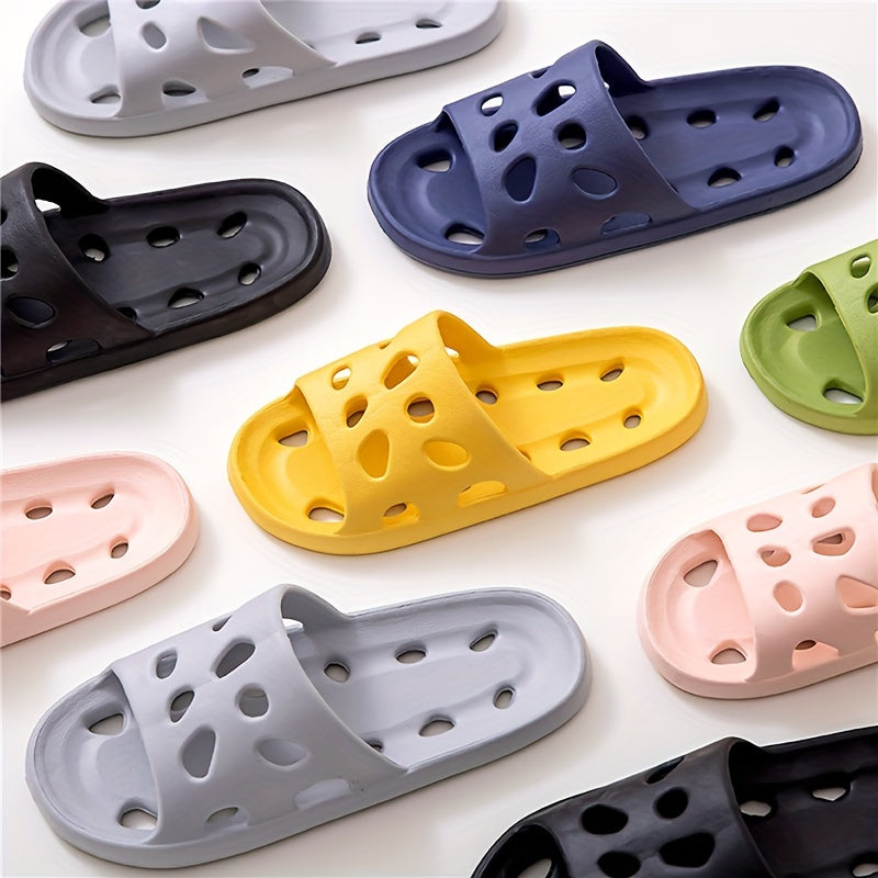 1 Pair of EVA Slippers with Solid Color Hollow-Out Design, Non-Slip Sole, Drainage Holes, and Soft Shower Slides.