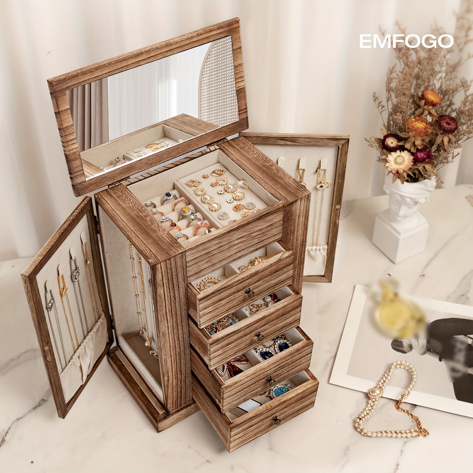 Rustic 5-tier wood jewelry box with mirror and drawers for women - store necklaces, earrings, rings, and bracelets.