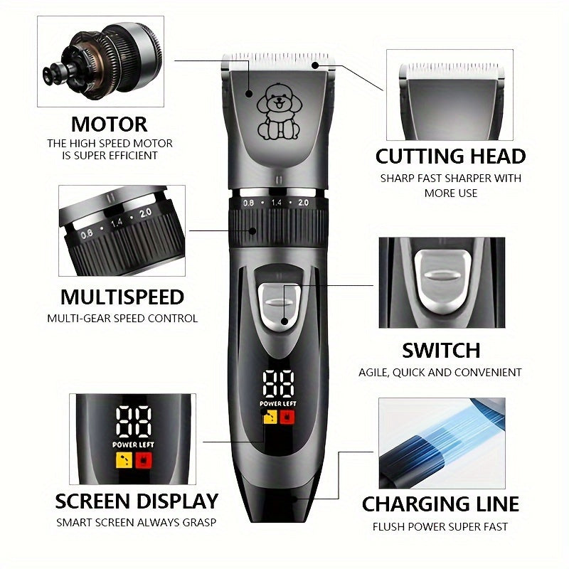 High-quality pet grooming set with power indicator light, low noise trimmer, suitable for dogs, cats, and other pets.