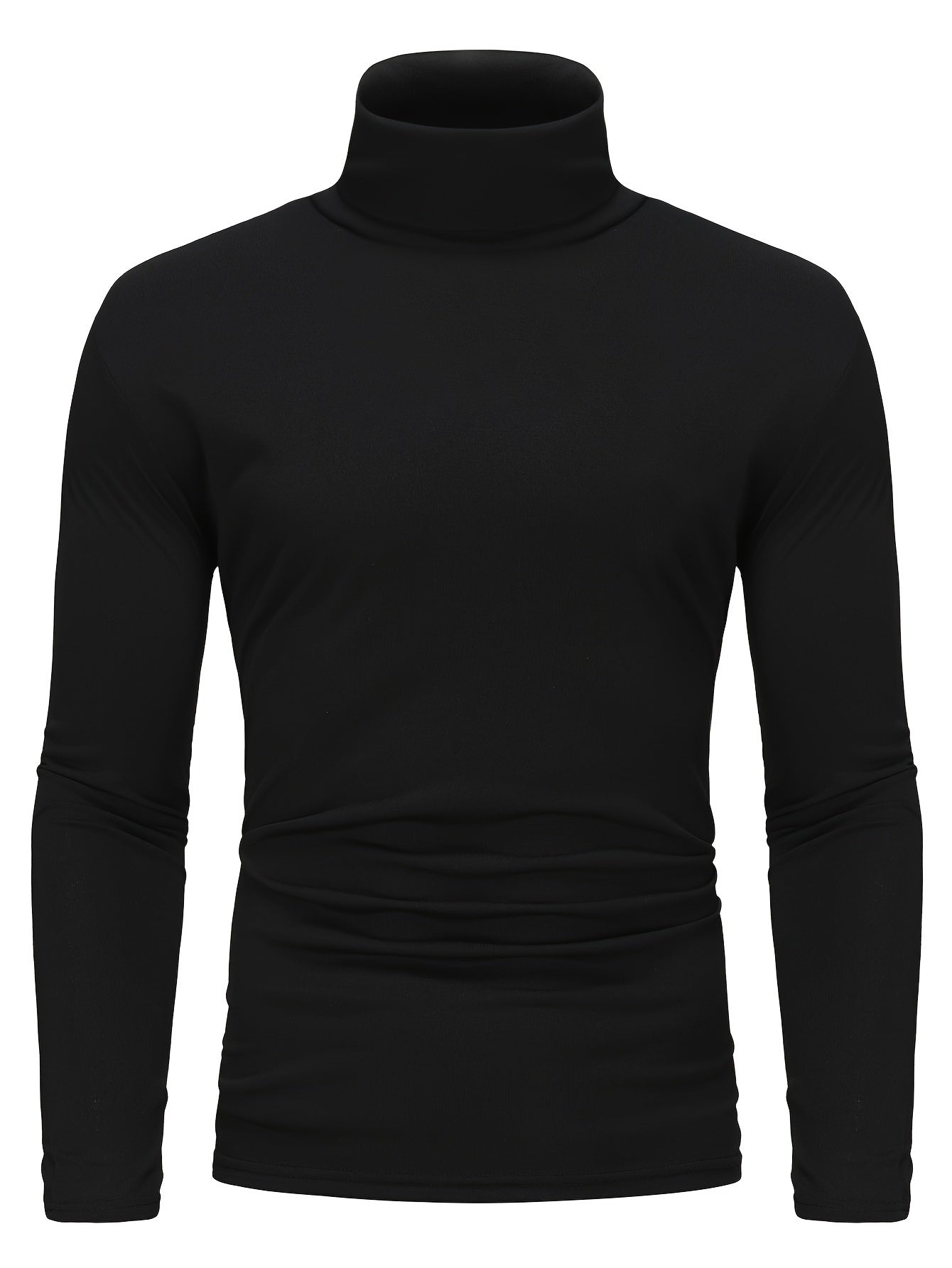 Three men's high neck long sleeve turtleneck t-shirts in solid color, made of polyester knit fabric with medium stretch, perfect for fall/winter.