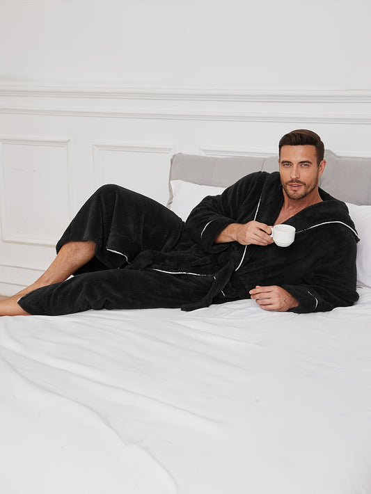 Men's luxury plush fleece robe with double-layer hood, perfect for autumn/winter lounging. Casual style, machine washable, with pockets and belt. Ideal for home lounging and matching with a