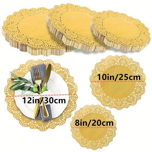 100 round lace water lily paper placemats doilies in a golden color, made from oil-absorbing paper and lace material. Perfect for adding a decorative touch to desserts, fried foods, wedding tableware, cake packaging, and for disposable use.