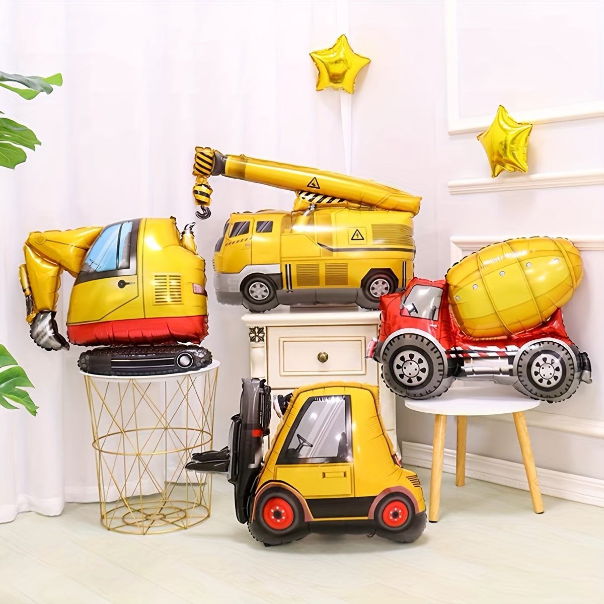 Set of 4 construction vehicle foil balloons for birthday parties and home or classroom decorations. No electricity required for easy universal holiday celebration.