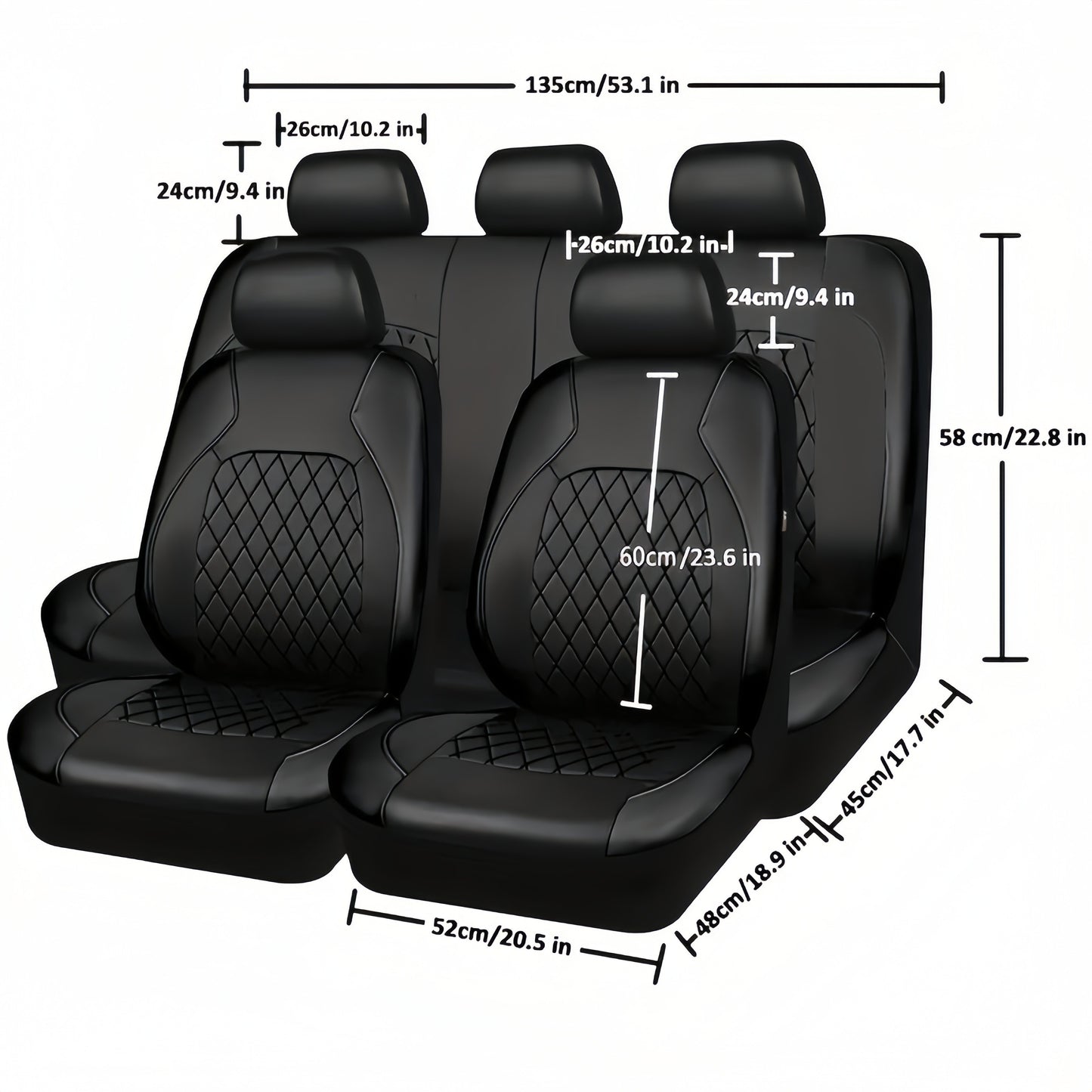 Universal 5-seater car seat cover with PU Leather diamond pattern, including full set of breathable synthetic PU Leather covers. Features airbag compatibility, zipper design, and fits all