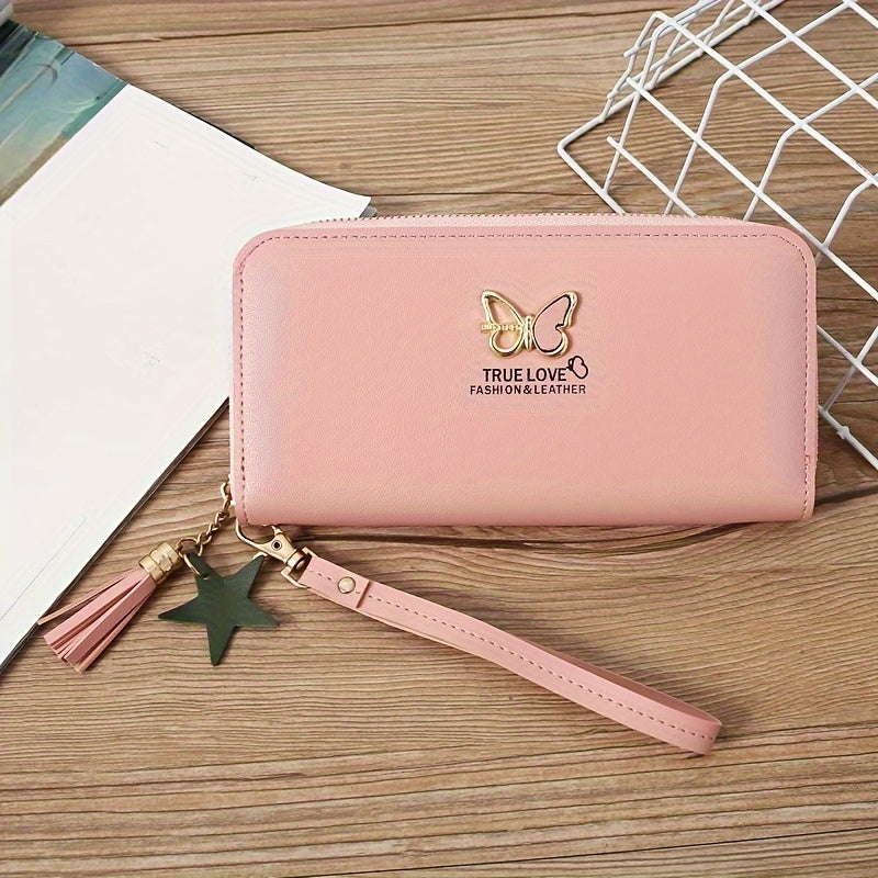 Butterfly wallet made of faux leather with wristlet, multiple card slots, zip closure, animal pattern, and polyester lining. Perfect gift for various occasions. Random color wristband