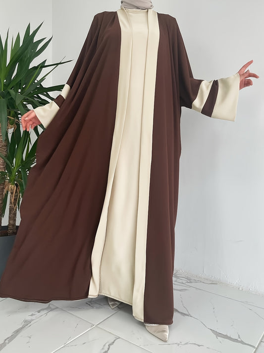 Stylish matching set: Crew neck tank dress and open front robe in a plain color kaftan style.