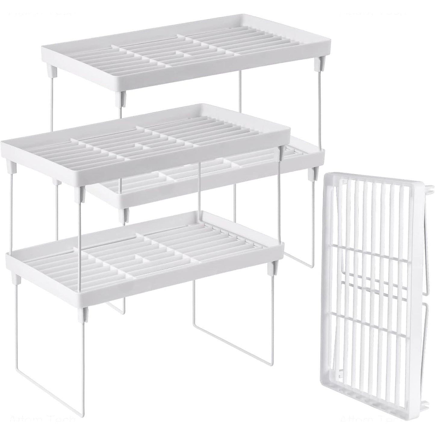 Get your hands on the Nihome 4-Pack Stackable Kitchen Storage Shelves now! These foldable open-storage organizers are made of durable high-quality PP and metal, ensuring a rust-proof design. Expandable for cupboard and counter use, these shelves require