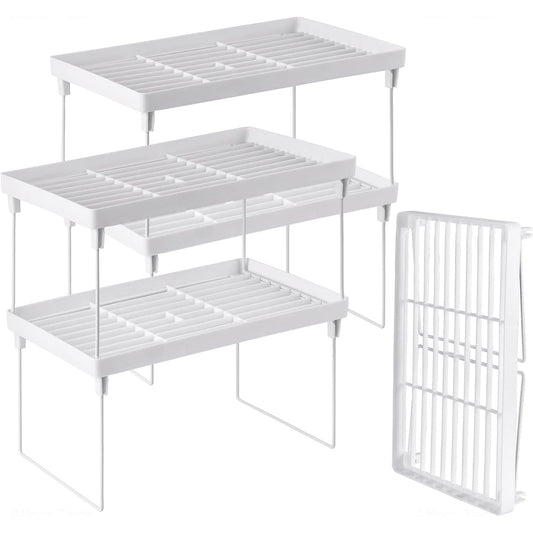 Get your hands on the Nihome 4-Pack Stackable Kitchen Storage Shelves now! These foldable open-storage organizers are made of durable high-quality PP and metal, ensuring a rust-proof design. Expandable for cupboard and counter use, these shelves require