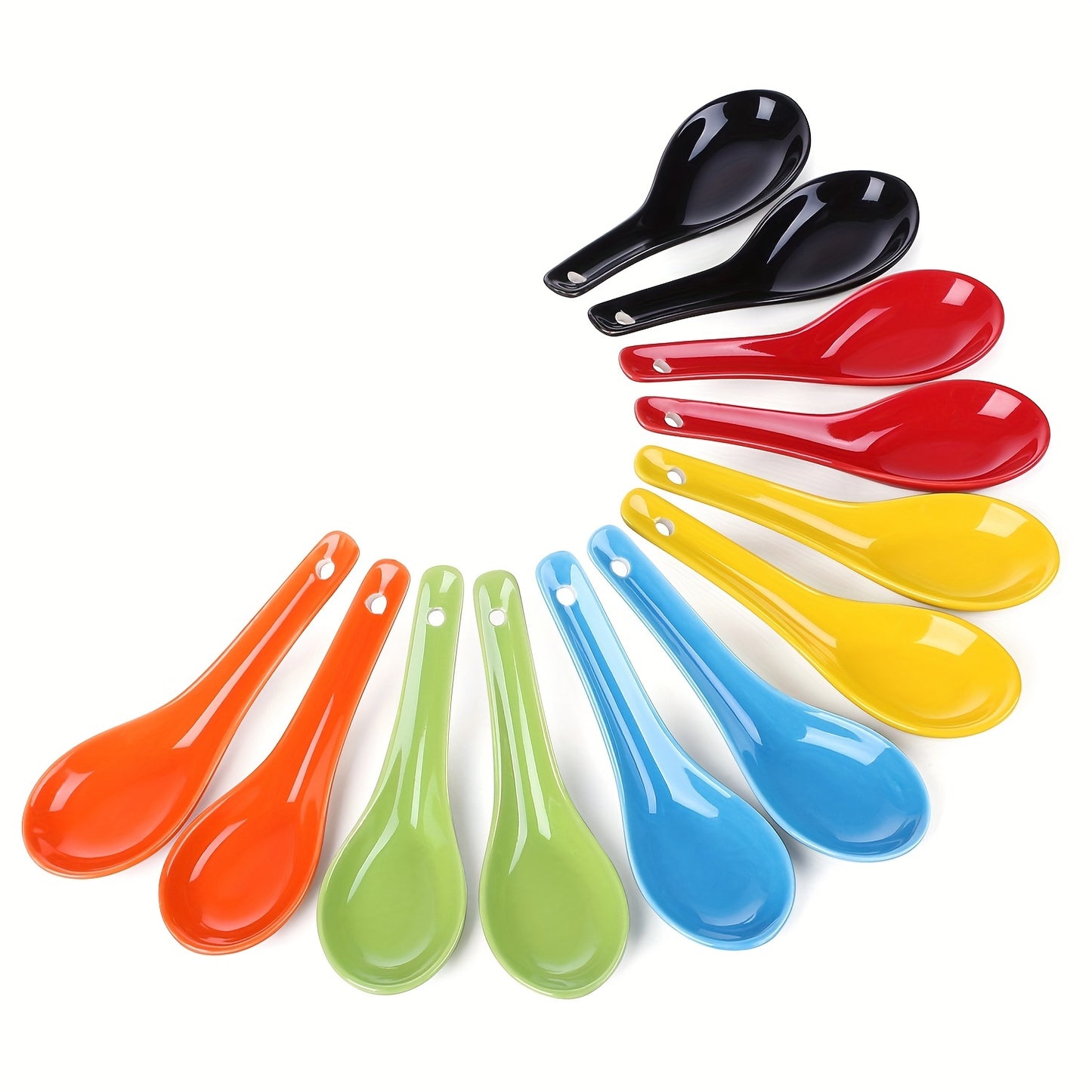 6-piece set of white ceramic soup spoons for various dishes, safe to use in microwave, oven, dishwasher, and freezer.